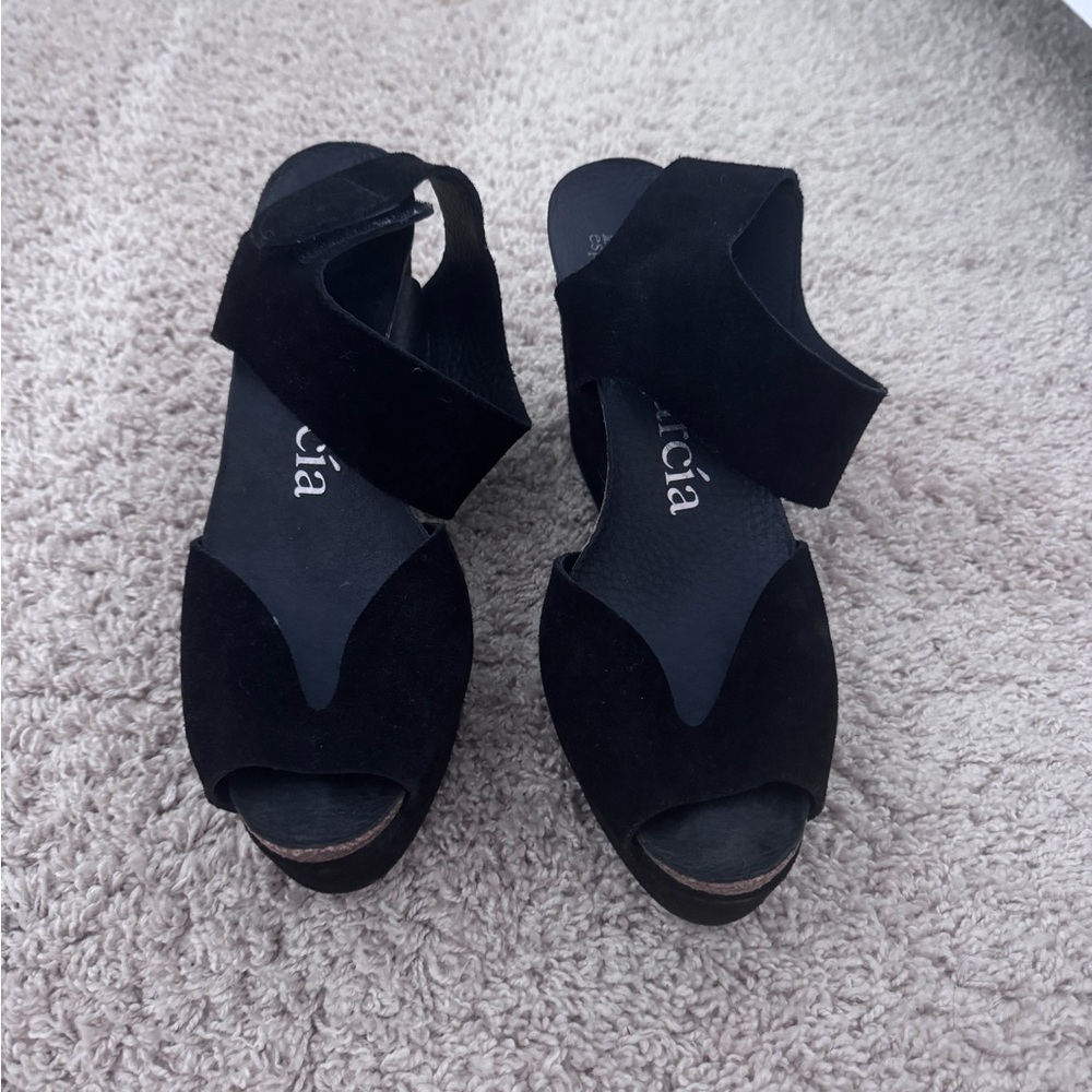 Pedro Garcia Black Wedge Sandals with Cross-Strap Design